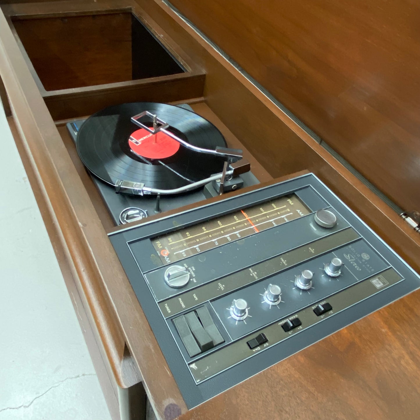 SOLD OUT!!! GE General Electric Mid Century Long and Low Stereo Console Record Player Changer AM FM Bluetooth The Vintedge Co.