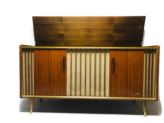 **SOLD OUT** VintedgeCo™ - TURNTABLE READY SERIES - GRUNDIG 60s Mid Century Stereo Console DRY Whiskey BAR Turntable Record Player Cabinet Bluetooth The Vintedge Co.