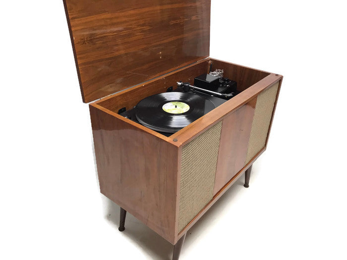**SOLD OUT** VintedgeCo™ - TURNTABLE READY SERIES™ - Mid Century Stereo Console Turntable Record Player DELMONICO Cabinet Bluetooth Alexa The Vintedge Co.