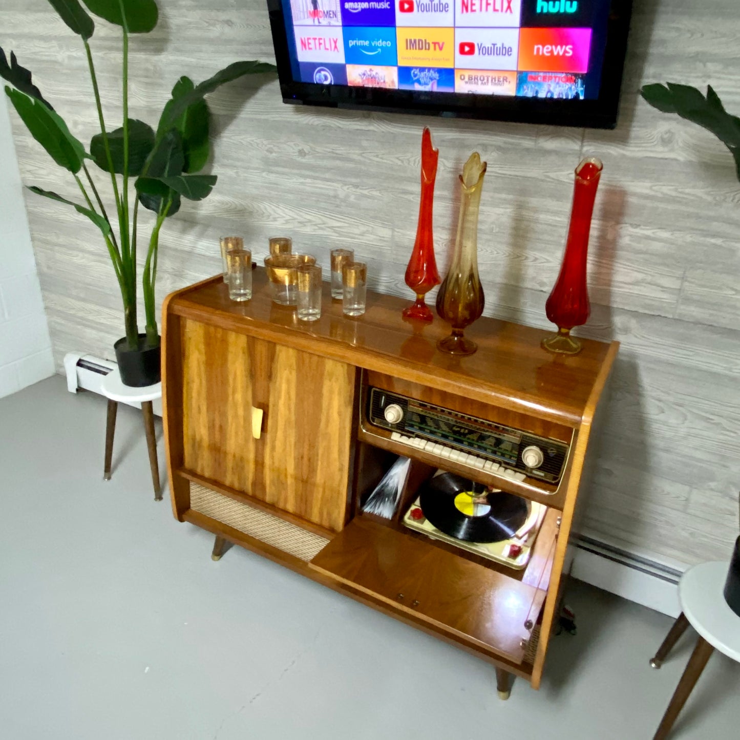 **SOLD OUT**  BLAUPUNKT Mid Century WHISKEY Dry BAR HiFi Mono Console Record Player Changer AM FM Bluetooth Alexa The Vintedge Co.