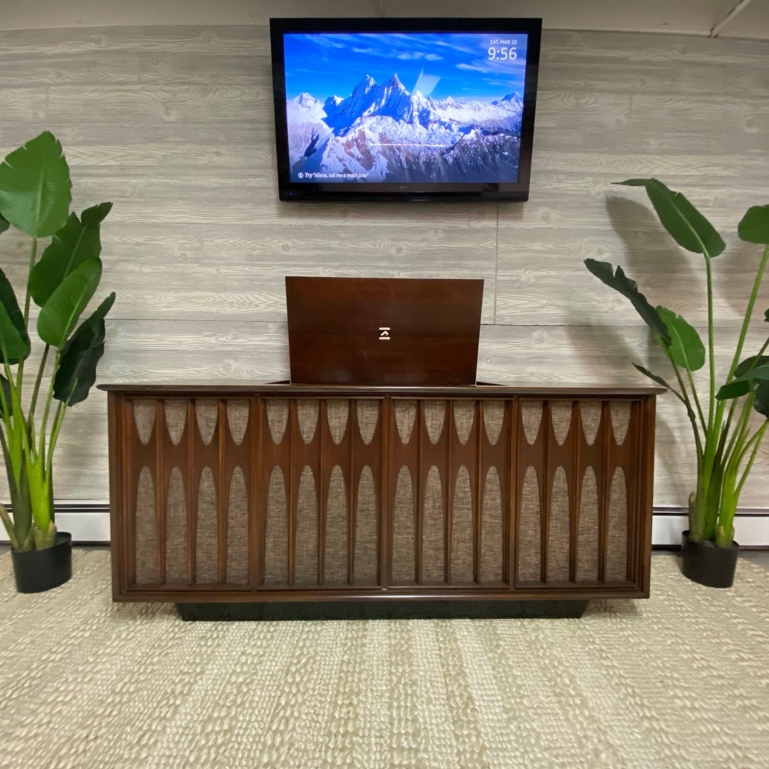 SOLD OUT **** RCA NEW VISTA VICTROLA **** BRASILIA Style Mid Century Modern Record Player Changer Stereo Console Bluetooth AM/FM Alexa The Vintedge Co.