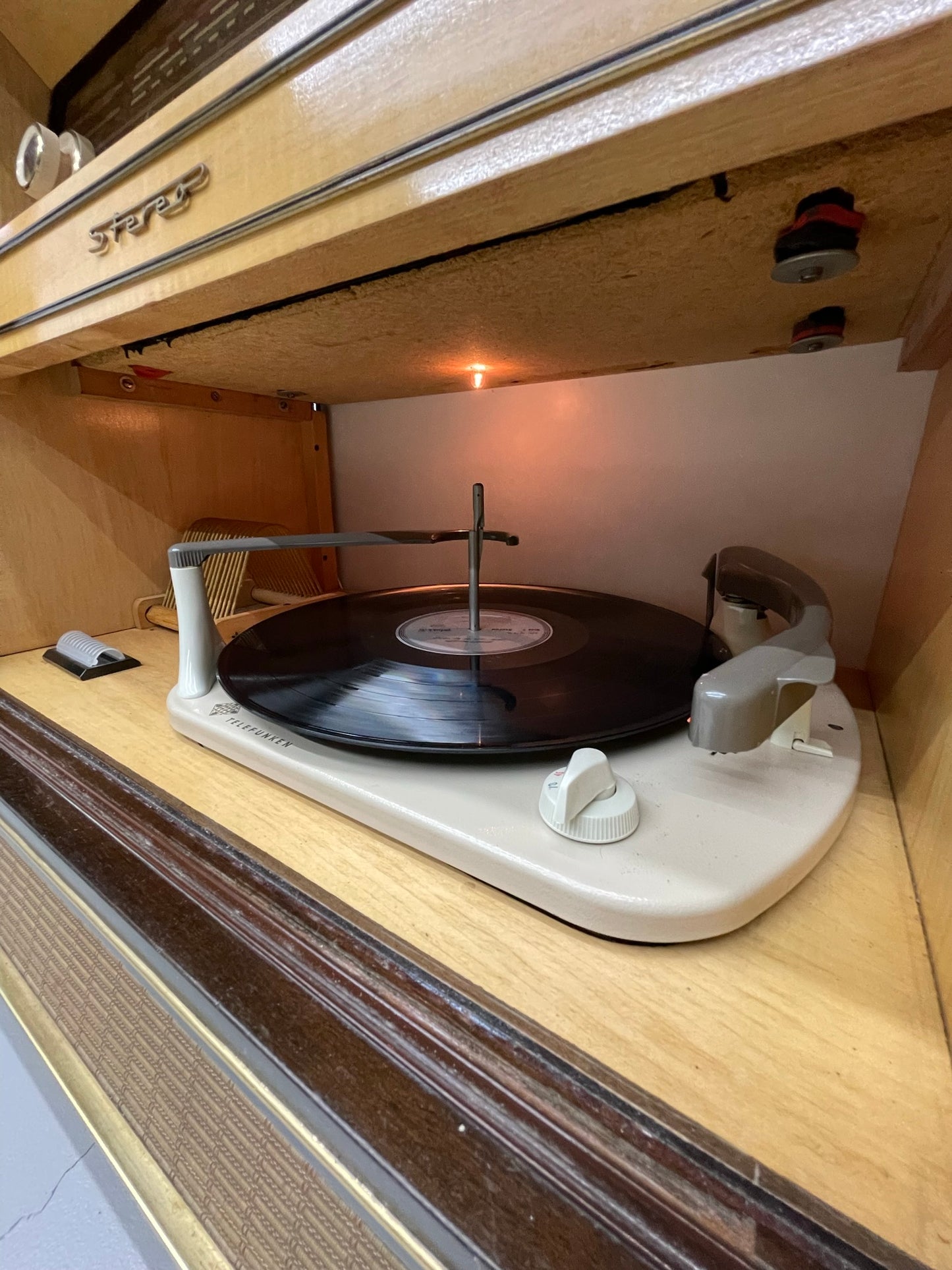 SOLD OUT!!! KUBA 50s Mid Century Stereo Console Record Player Changer w/Whiskey Bar Cabinet - AM FM Bluetooth Alexa The Vintedge Co.