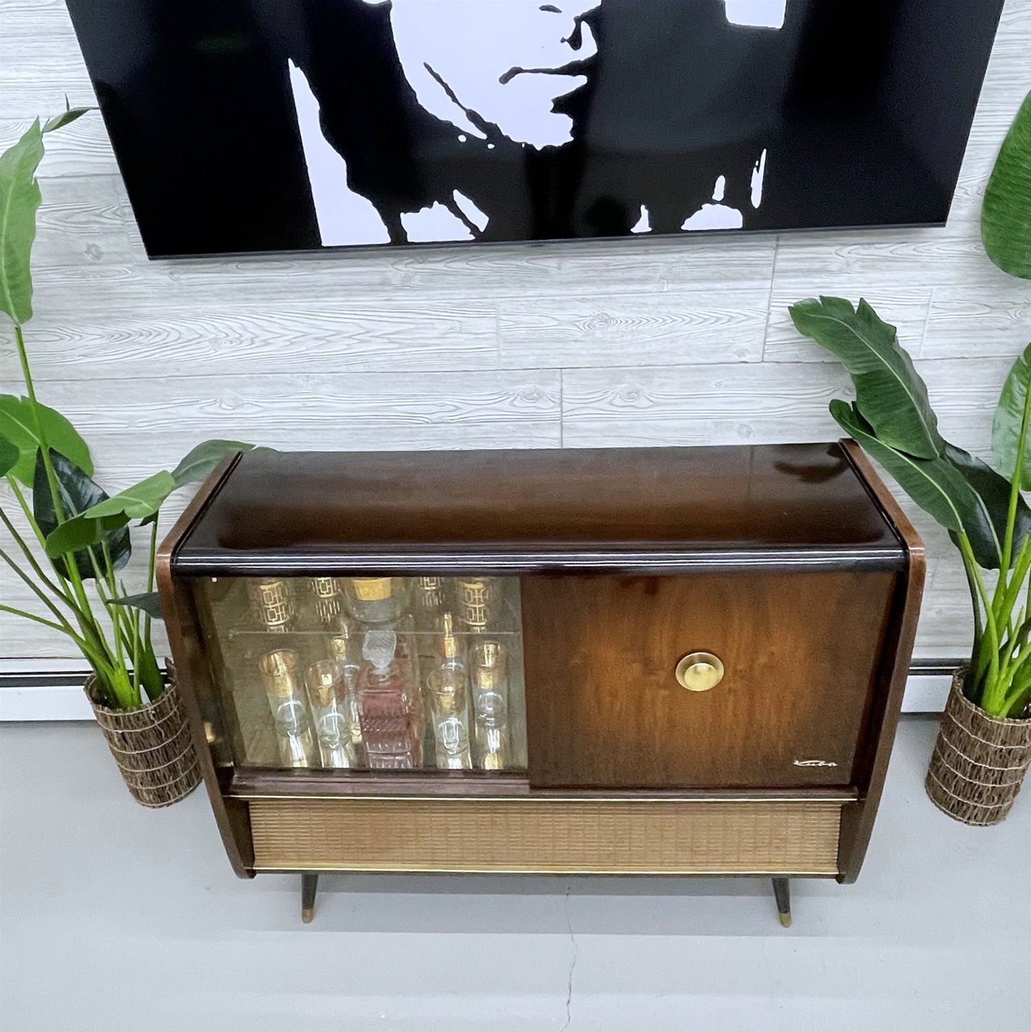 SOLD OUT!!! KUBA 50s Mid Century Stereo Console Record Player Changer w/Whiskey Bar Cabinet - AM FM Bluetooth Alexa The Vintedge Co.