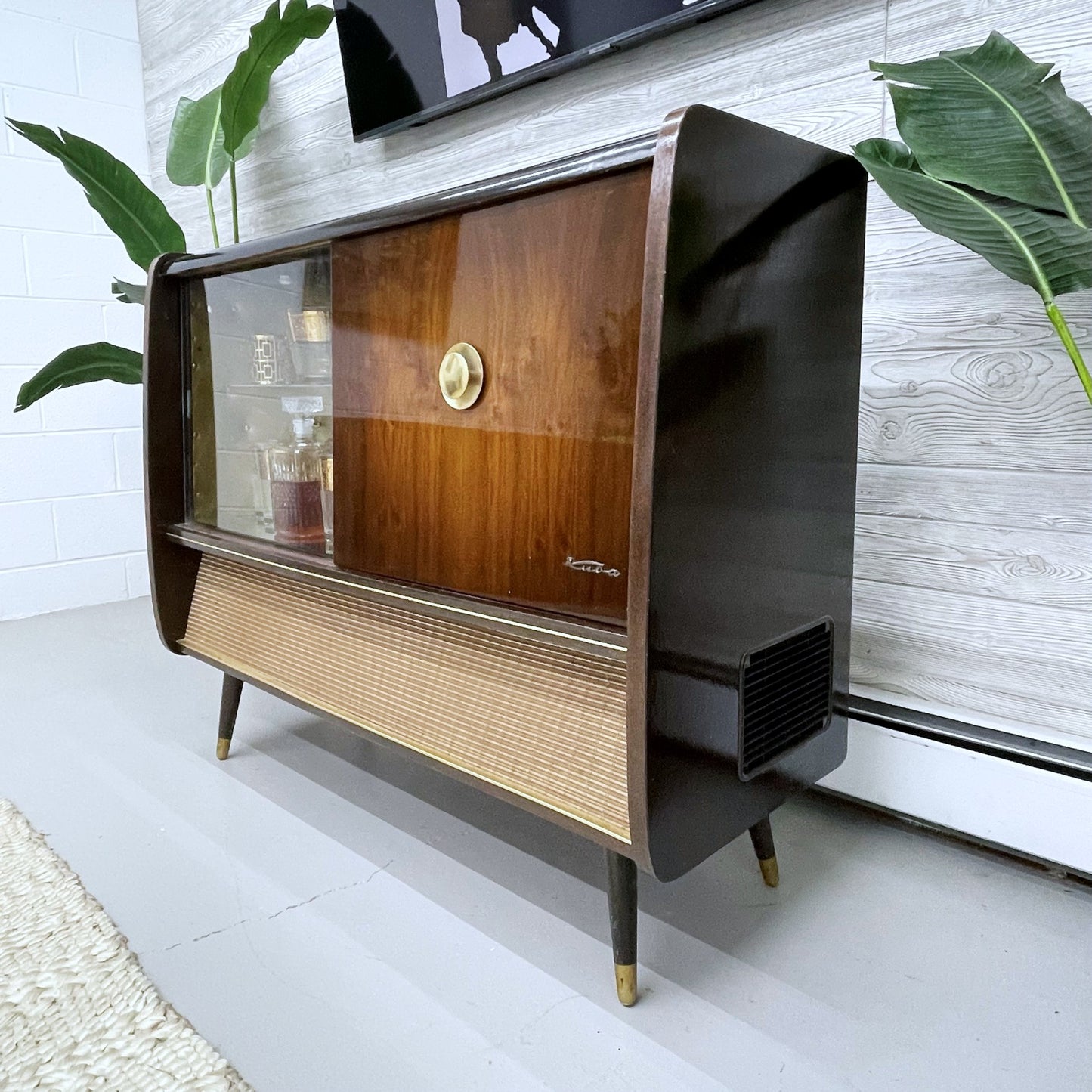 SOLD OUT!!! KUBA 50s Mid Century Stereo Console Record Player Changer w/Whiskey Bar Cabinet - AM FM Bluetooth Alexa The Vintedge Co.