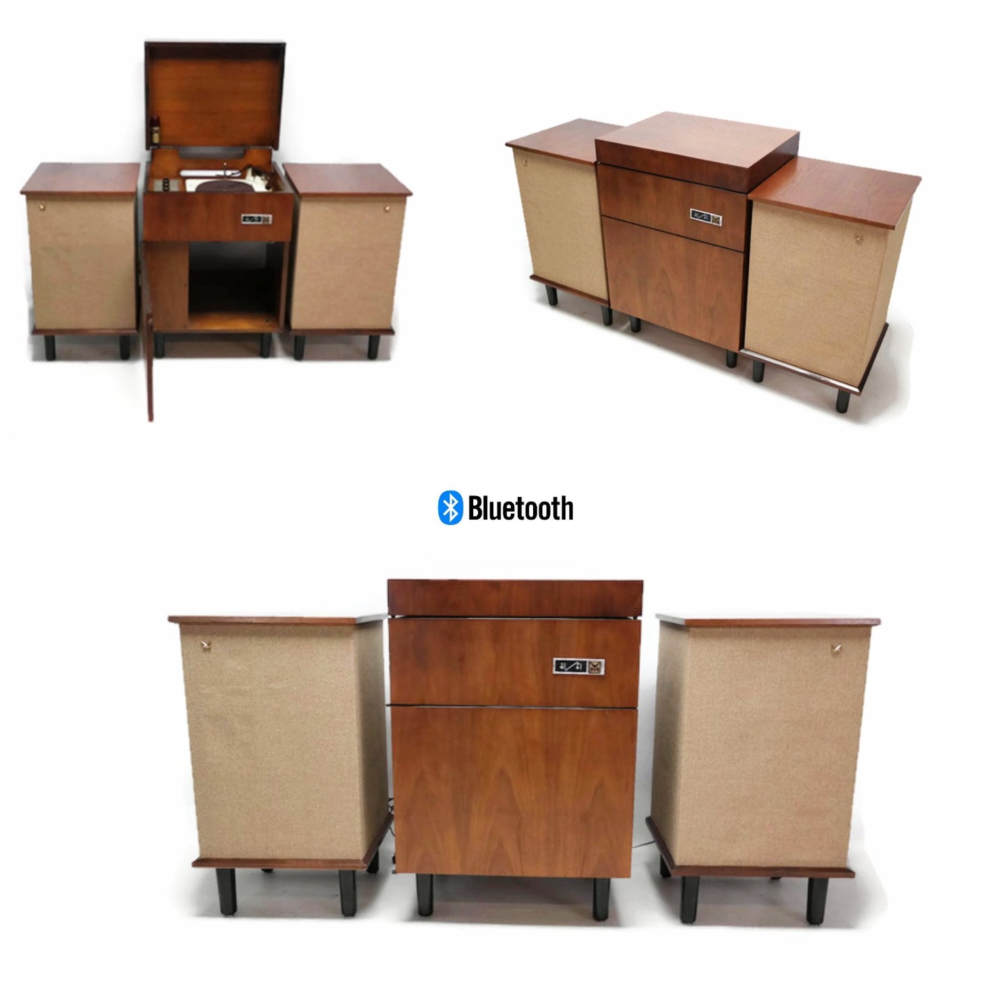 **SOLD OUT**  VOICE OF MUSIC 3-Piece Mid Century Modern Stereo Console Record Player Changer AM FM Tuner w/Side Speakers - Bluetooth The Vintedge Co.