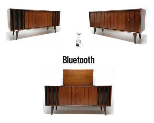 Mid Century Zenith Stereo Console Louver Doors Record Player Changer - Bluetooth - AM/FM Tuner The Vintedge Co.