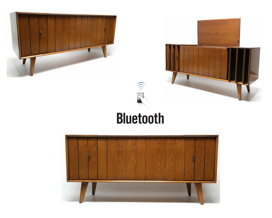 Mid Century Zenith Stereo Console Louver Doors Record Player Changer - Bluetooth - AM/FM Tuner The Vintedge Co.