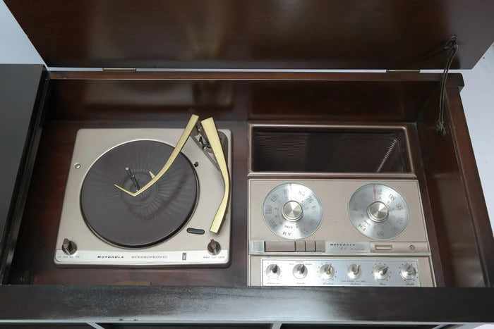 **SOLD OUT**  MOTOROLA 3-Channel Dark Walnut Record Player Changer Stereo Console The Vintedge Co.