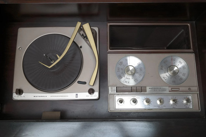 **SOLD OUT**  MOTOROLA 3-Channel Dark Walnut Record Player Changer Stereo Console The Vintedge Co.
