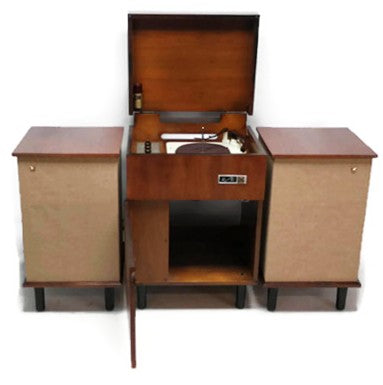 **SOLD OUT**  VOICE OF MUSIC 3-Piece Mid Century Modern Stereo Console Record Player Changer AM FM Tuner w/Side Speakers - Bluetooth The Vintedge Co.