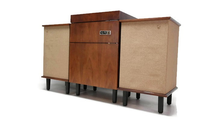 **SOLD OUT**  VOICE OF MUSIC 3-Piece Mid Century Modern Stereo Console Record Player Changer AM FM Tuner w/Side Speakers - Bluetooth The Vintedge Co.