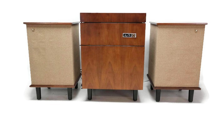 **SOLD OUT**  VOICE OF MUSIC 3-Piece Mid Century Modern Stereo Console Record Player Changer AM FM Tuner w/Side Speakers - Bluetooth The Vintedge Co.
