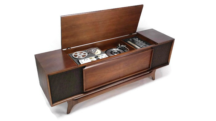 **SOLD OUT** GE Long and Low REEL-TO-REEL Tape & Record Tape Player Changer Stereo Console AM FM Tuner Bluetooth The Vintedge Co.