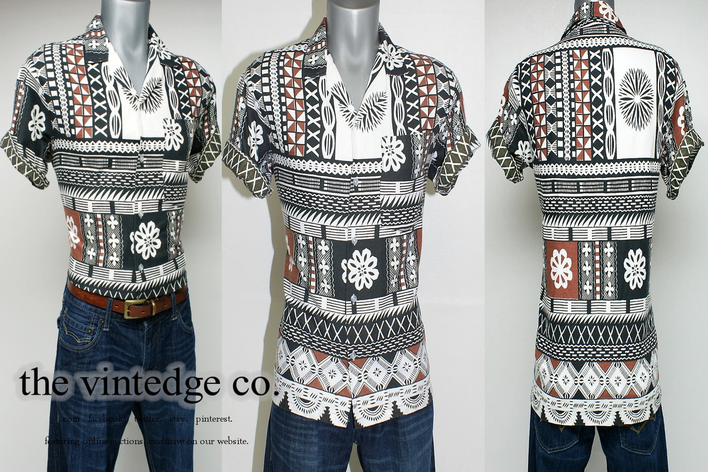 SOLD |40s 50s 60s Tiki Rockabilly Hawaiian Barkcloth Shirt M The Vintedge Co.