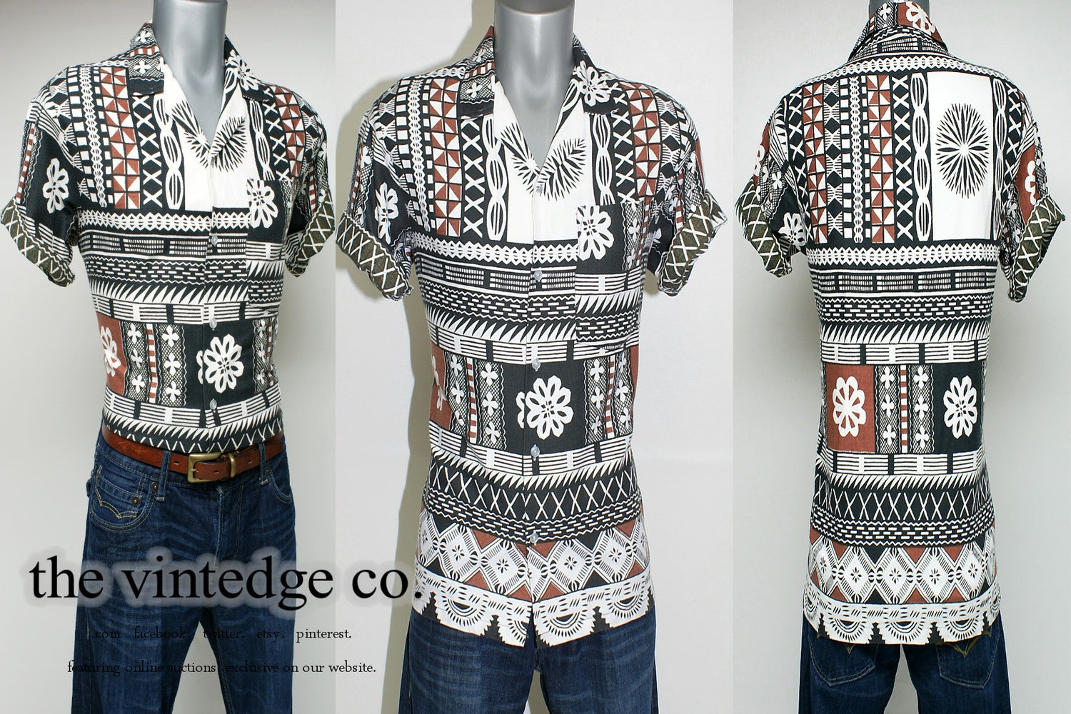 SOLD |40s 50s 60s Tiki Rockabilly Hawaiian Barkcloth Shirt M The Vintedge Co.