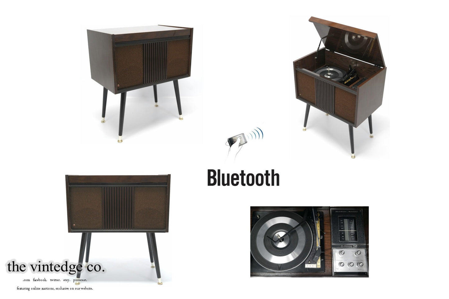 SOLD - MCM STEREO - 60's Mid Century Delmonico Consolette Record Player - Bluetooth iPod iPhone Android Input AM/FM Tuner The Vintedge Co.