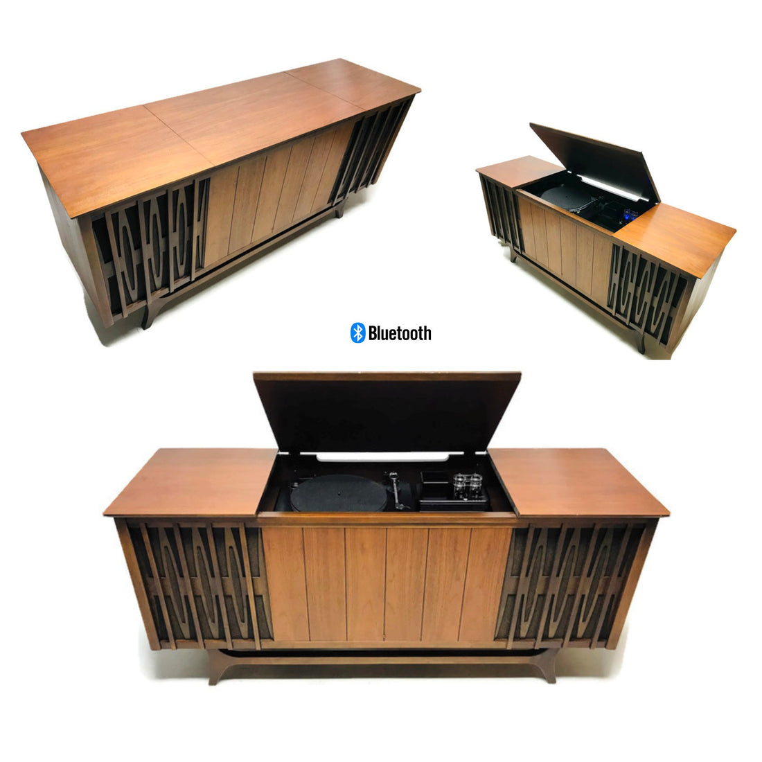 The Vintedge Co™ - TURNTABLE READY SERIES™ - Mid Century Stereo Console Turntable Record Player OLYMPIC Cabinet Bluetooth Alexa
