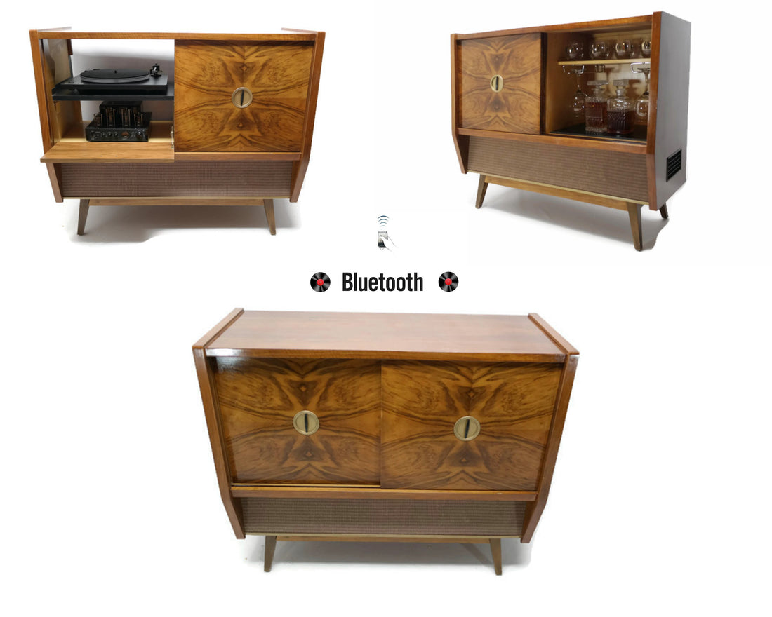 The Vintedge Co™ - TURNTABLE READY SERIES™ - GERMAN Mid Century Stereo Console Turntable Record Player Cabinet w/BUILT-IN BAR