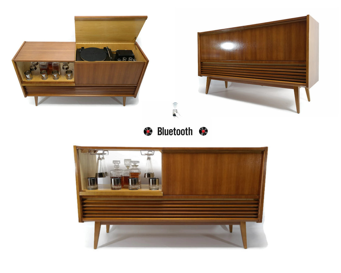 The Vintedge Co™ - TURNTABLE READY SERIES™ - Mid Century Stereo Console Turntable Record Player Cabinet w/BUILT-IN BAR