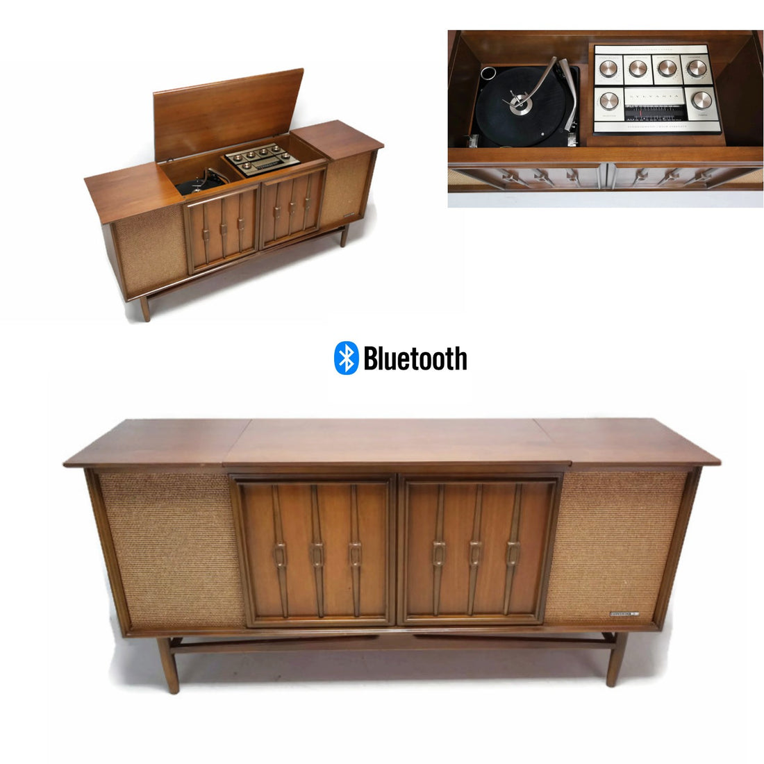The Vintedge Co™ - SYLVANIA Vintage Mid Century Modern Stereo Console Record Player Changer AM FM  - Bluetooth