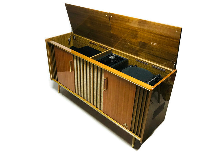 **SOLD OUT** VintedgeCo™ - TURNTABLE READY SERIES - GRUNDIG 60s Mid Century Stereo Console DRY Whiskey BAR Turntable Record Player Cabinet Bluetooth The Vintedge Co.