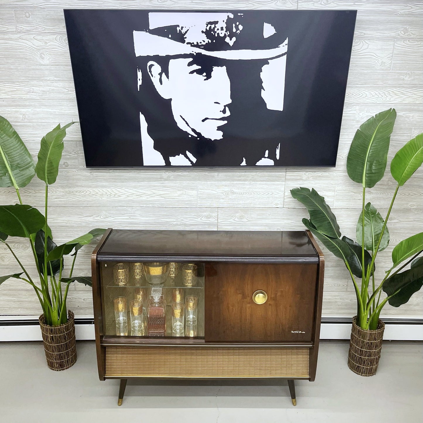 SOLD OUT!!! KUBA 50s Mid Century Stereo Console Record Player Changer w/Whiskey Bar Cabinet - AM FM Bluetooth Alexa The Vintedge Co.