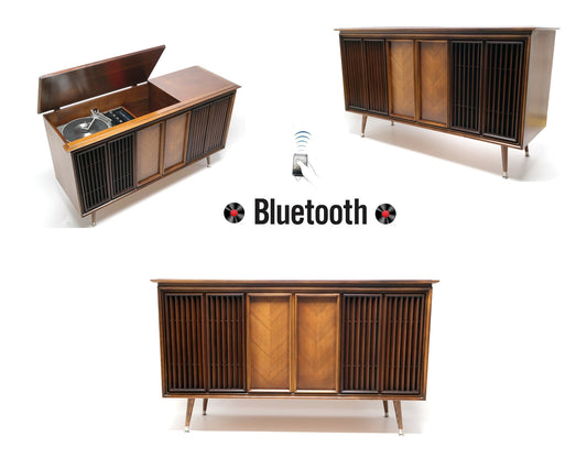 Mid Century RCA Stereo Console + Bluetooth Record Player + Tuner AM/FM  Stereo The Vintedge Co.