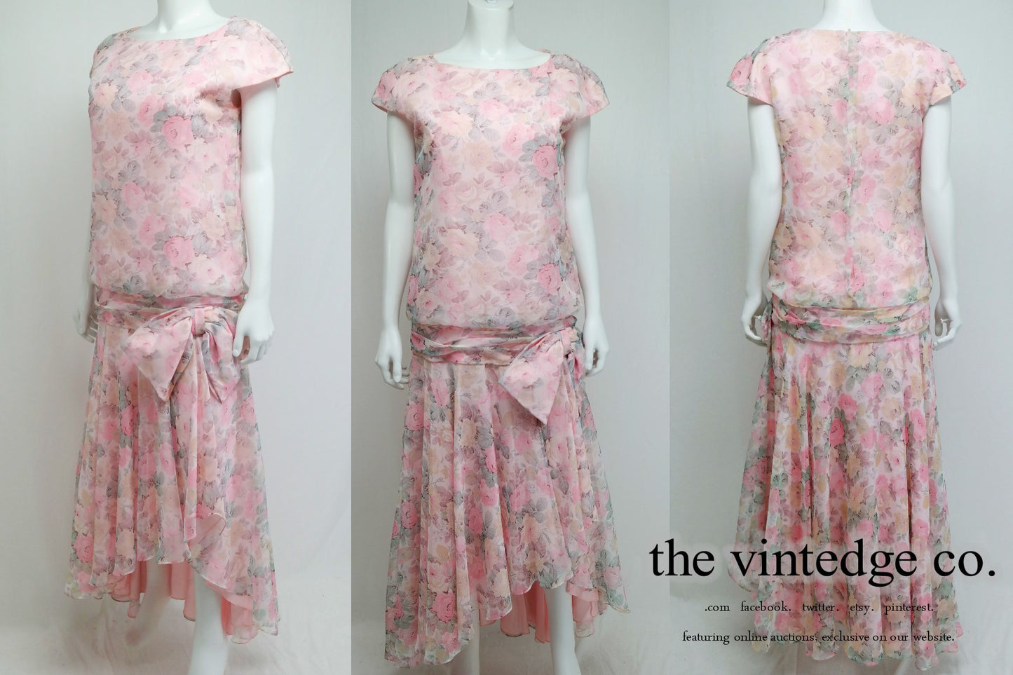 SOLD - Retro | 20s 30s Pink Floral Flapper Dress M The Vintedge Co.