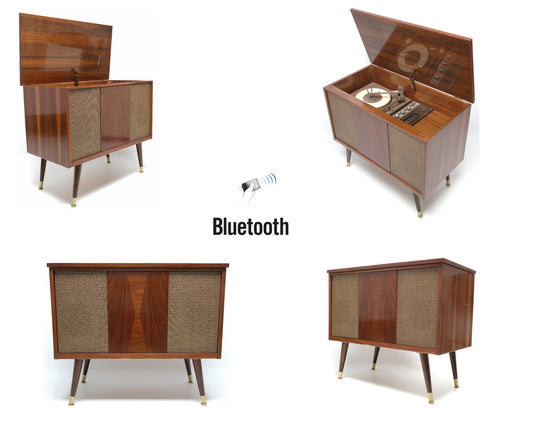 Mid Century Delmonico Stereo Console + Bluetooth Record Player + Tuner AM/FM Small Console Stereo The Vintedge Co.