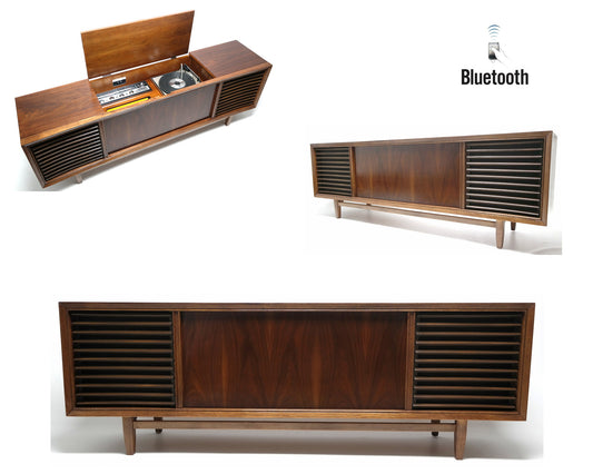 Mid Century Modern Philco Stereo Console Long and Low Record Player - Bluetooth iPod iPhone Android Input AM/FM Tuner The Vintedge Co.