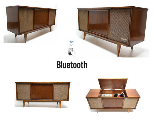 Mid Century Modern Stereo Zenith Console Record Changer - AM/FM- Tuner - Bluetooth The Vintedge Co.