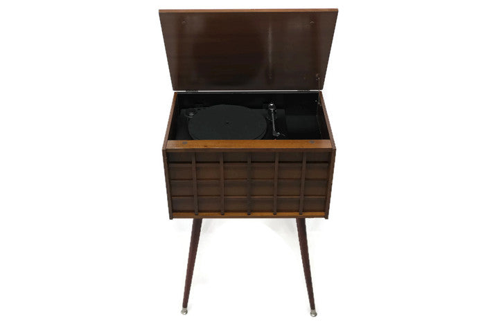 **SOLD OUT** The Vintedge Co™ - TURNTABLE READY SERIES™ - THE GRID Vintage Wood Stereo Cabinet w/Modern Turntable Record Player Stereo The Vintedge Co.