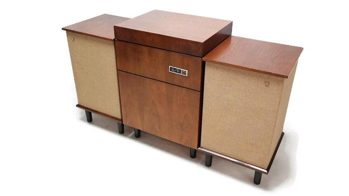 **SOLD OUT**  VOICE OF MUSIC 3-Piece Mid Century Modern Stereo Console Record Player Changer AM FM Tuner w/Side Speakers - Bluetooth The Vintedge Co.