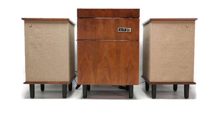 **SOLD OUT**  VOICE OF MUSIC 3-Piece Mid Century Modern Stereo Console Record Player Changer AM FM Tuner w/Side Speakers - Bluetooth The Vintedge Co.