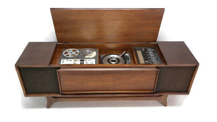 **SOLD OUT** GE Long and Low REEL-TO-REEL Tape & Record Tape Player Changer Stereo Console AM FM Tuner Bluetooth The Vintedge Co.