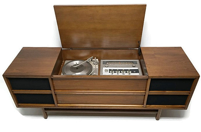 SOLD GE Long and Low Vintage 60's Record Changer Stereo Console - AM/FM Tuner - Bluetooth The Vintedge Co.