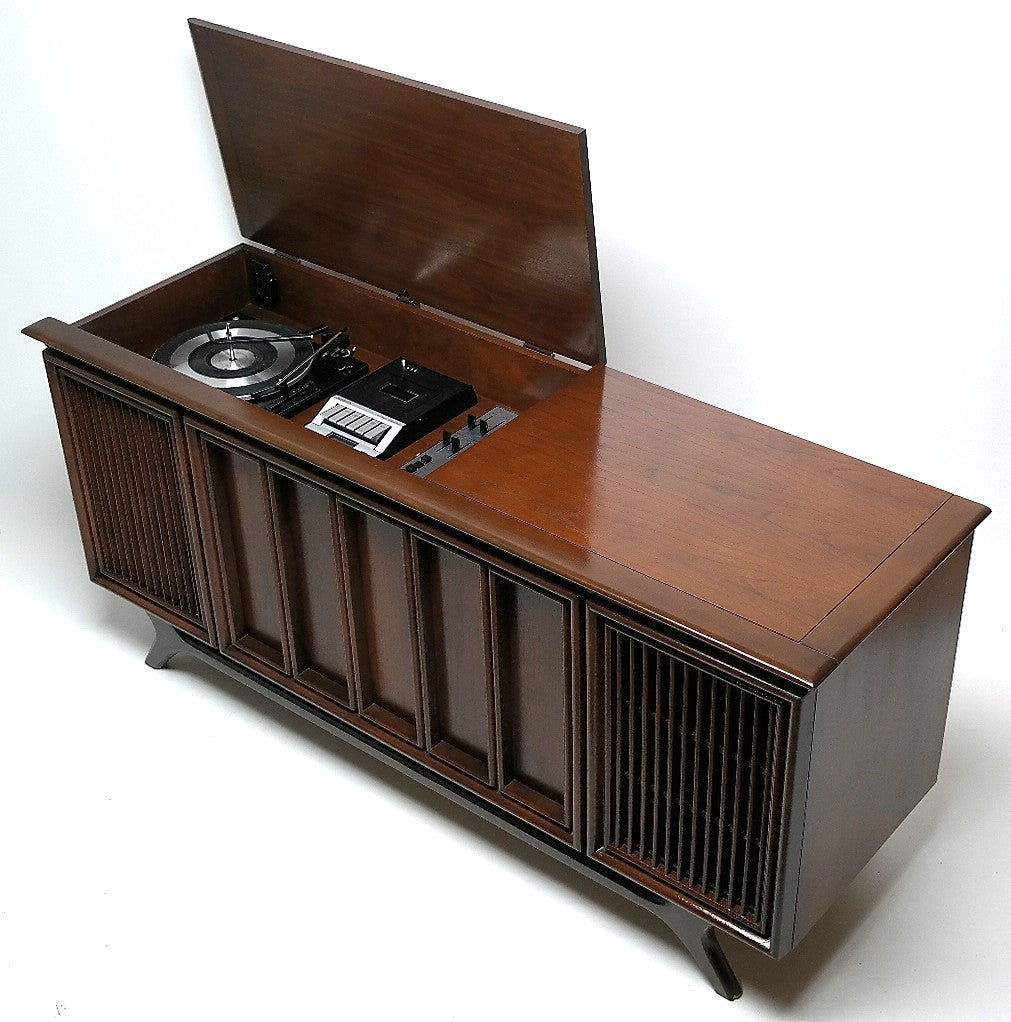 SOLD OUT*** - Mid Century Sylvania Stereo Console Record Player - Bluetooth iPod iPhone Android Input AM/FM Tuner The Vintedge Co.