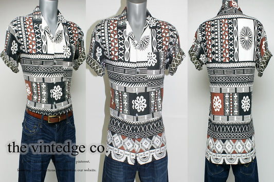 SOLD |40s 50s 60s Tiki Rockabilly Hawaiian Barkcloth Shirt M The Vintedge Co.