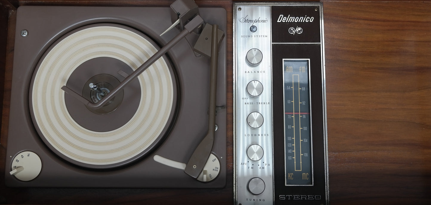 Mid Century Delmonico Stereo Console + Bluetooth Record Player + Tuner AM/FM Small Console Stereo The Vintedge Co.