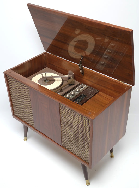 Mid Century Delmonico Stereo Console + Bluetooth Record Player + Tuner AM/FM Small Console Stereo The Vintedge Co.