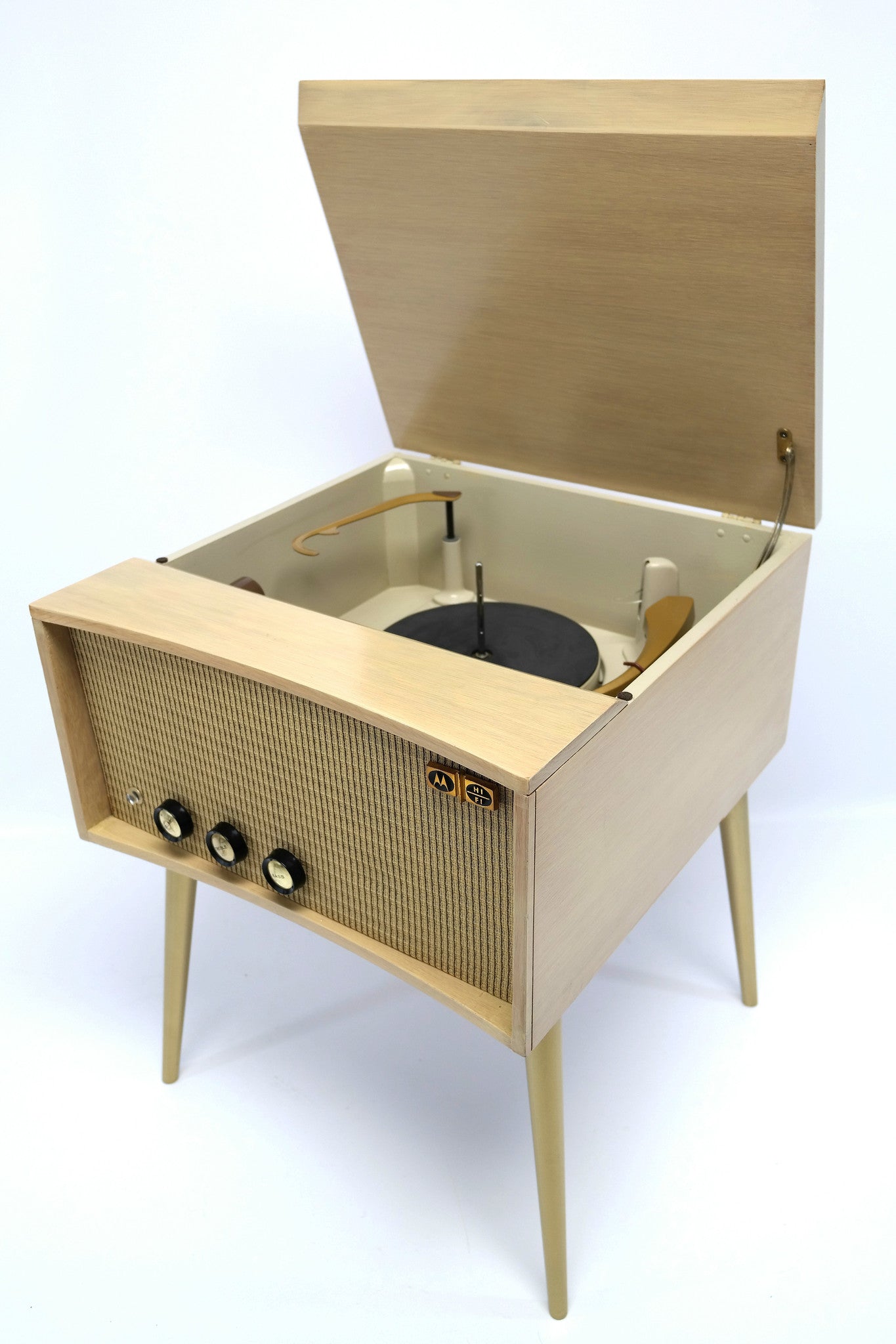Mid Century Modern STEREO CONSOLE- 50's - Mid Century Motorola Blonde Record Player - Bluetooth - The Vintedge Co.