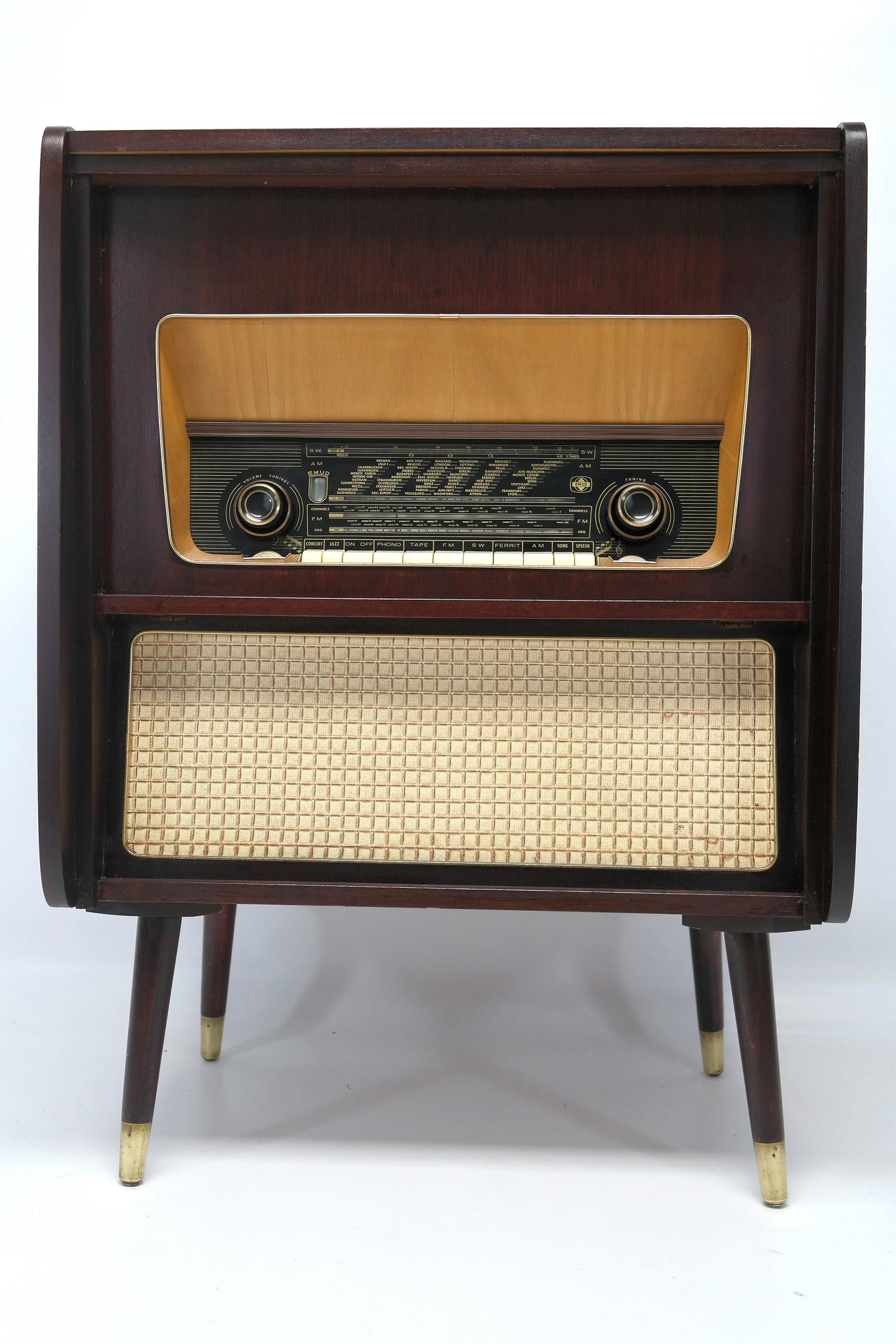 Mid Century EMUD 713 Stereo Console Record Player - Bluetooth iPod iPhone Android Input AM/FM Tuner The Vintedge Co.