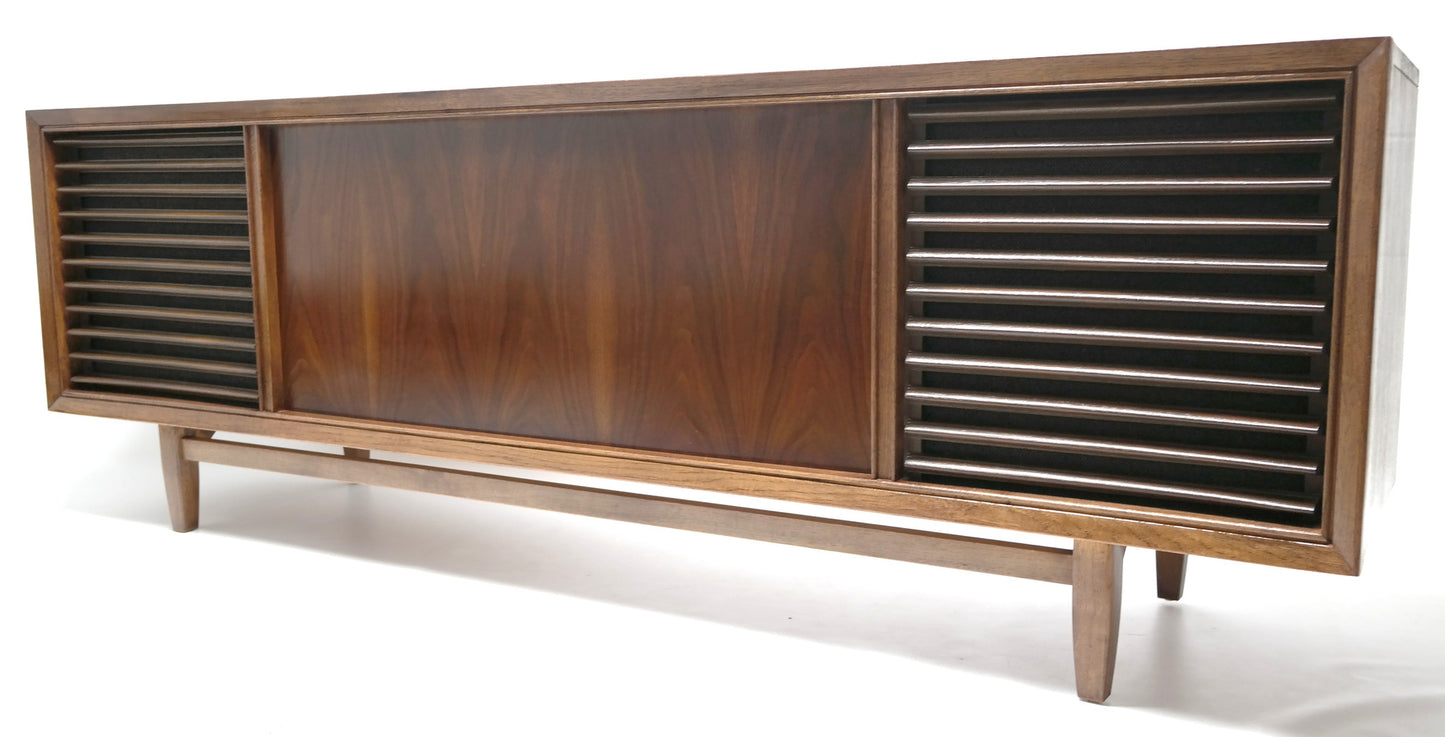 Mid Century Modern Philco Stereo Console Long and Low Record Player - Bluetooth iPod iPhone Android Input AM/FM Tuner The Vintedge Co.