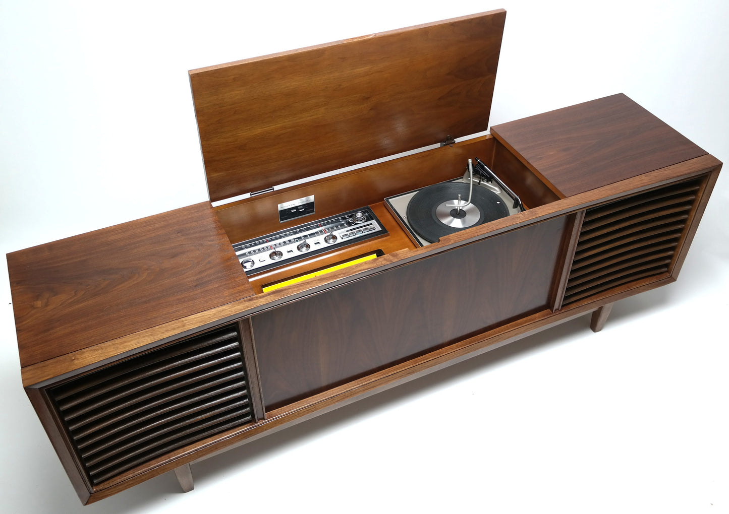 Mid Century Modern Philco Stereo Console Long and Low Record Player - Bluetooth iPod iPhone Android Input AM/FM Tuner The Vintedge Co.