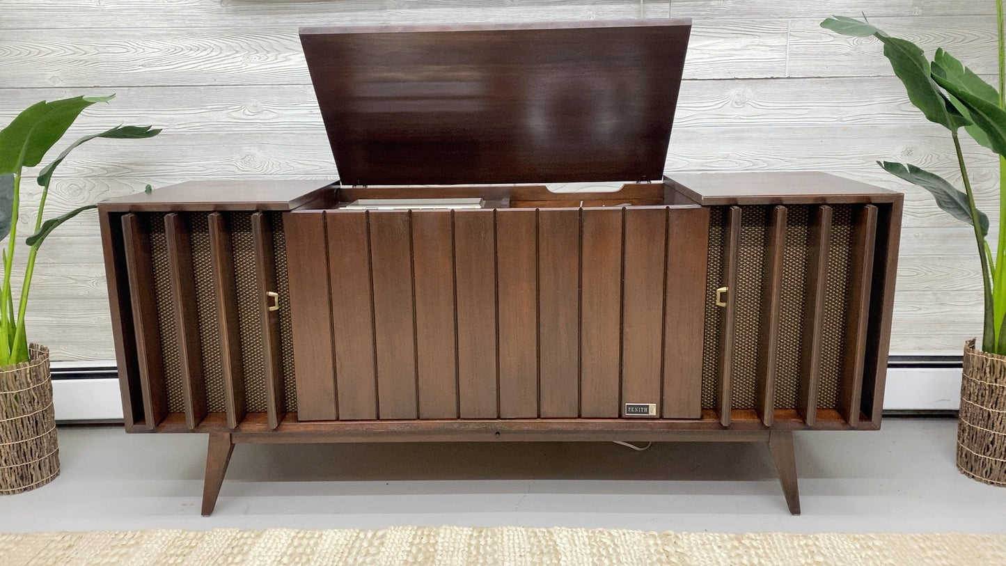 60s Mid Century ZENITH Louver Stereo Console Record Player Changer AM FM Bluetooth The Vintedge Co.