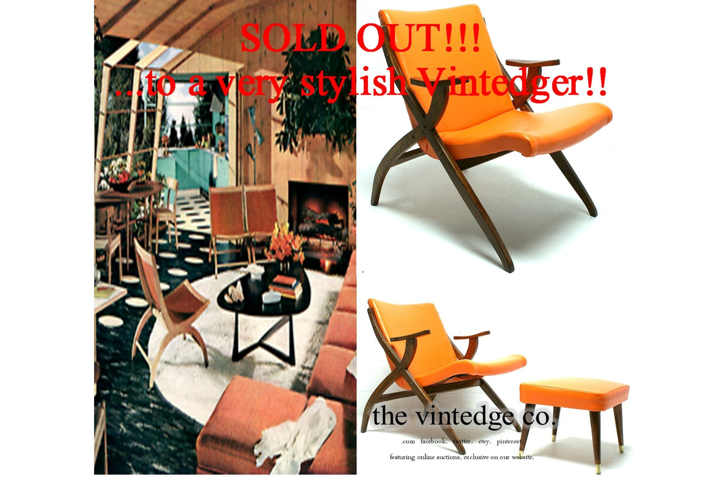 SOLD - 60's MCM Orange Lounge X Chair The Vintedge Co.