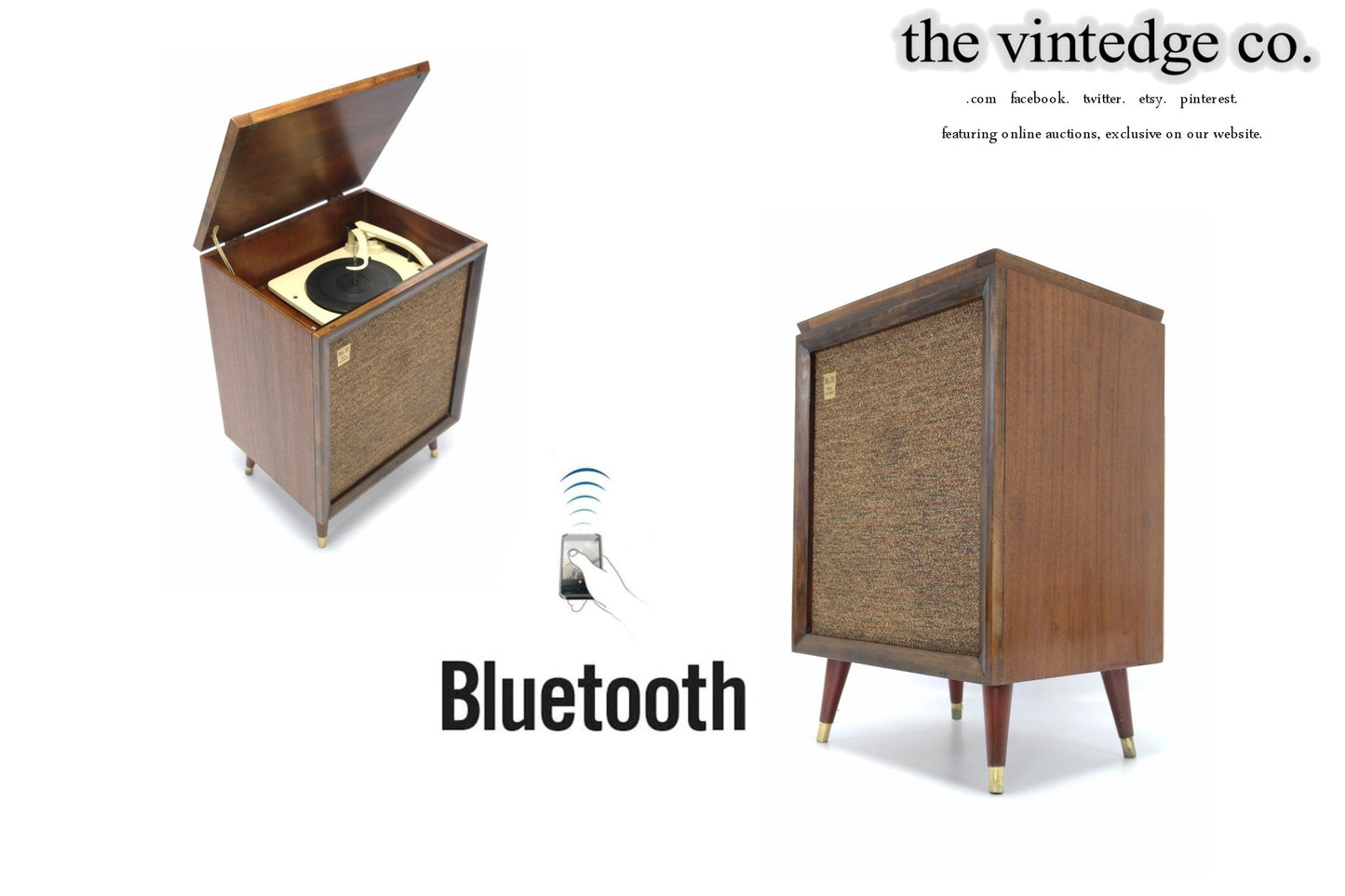 SOLD - MCM STEREO - 60's Mid Century Consolette Record Player - Bluetooth iPod iPhone Android Input AM/FM Tuner The Vintedge Co.