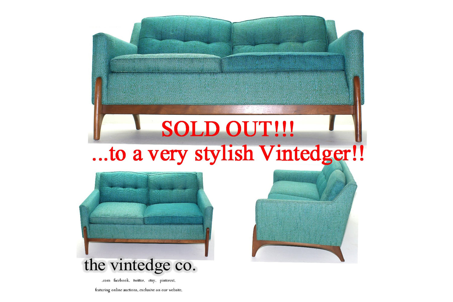 SOLD - 60's Mid Century Danish Turquoise Sofa The Vintedge Co.