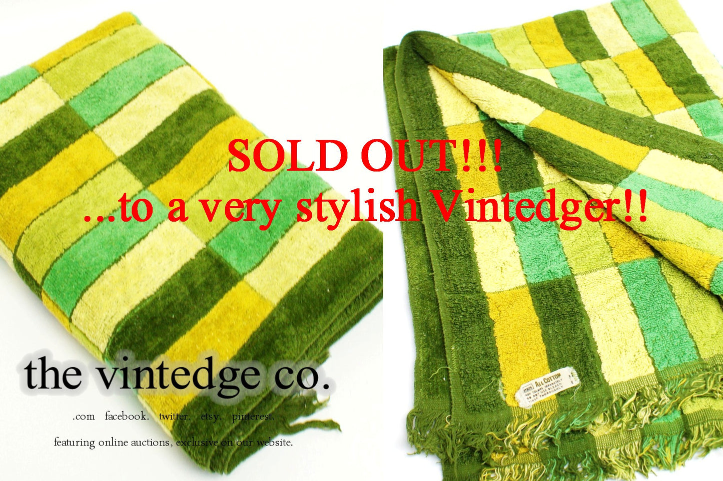 SOLD - Vintage Towel Blue Green Mosaic The Vintedge Co.